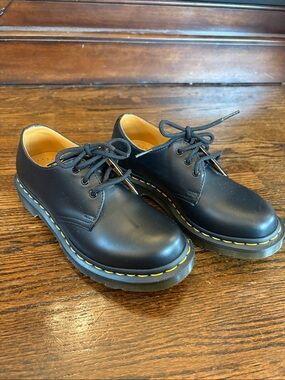 Dr. Martens Black Leather 3-Eye Oxford Shoes with Yellow Stitching